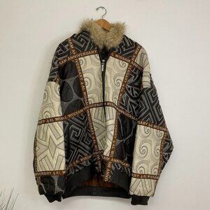 Wissam Geometric Full Zip Leather Bomber Jacket Fur Hood Size XXL